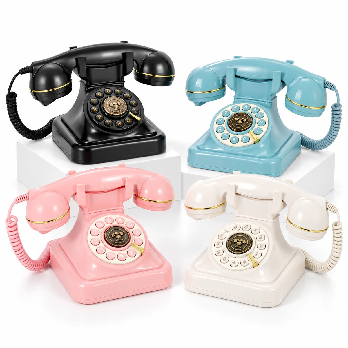 Pink white black and turquoise vintage audio guest book phones with gold details