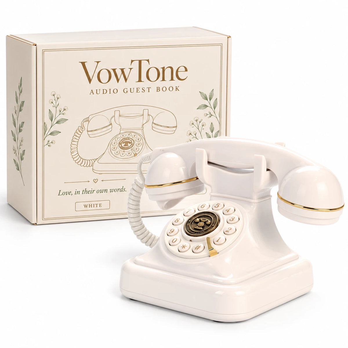 White bridal guest book phone displayed beside its cream VowTone packaging design