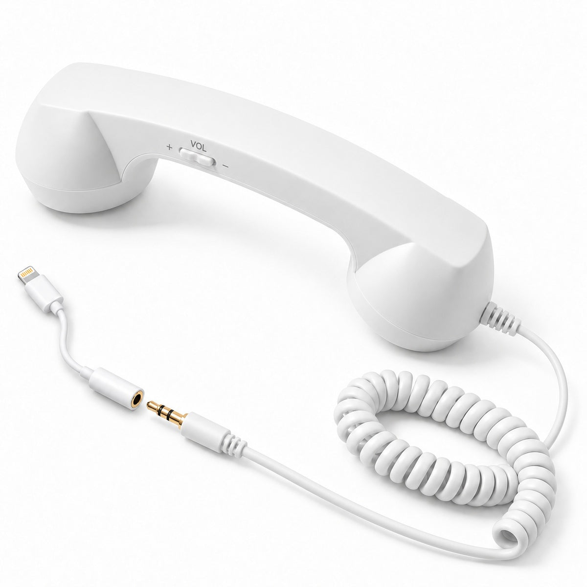 White corded handset with a gold audio plug and matching white Lightning connector adapter shown almost connected
