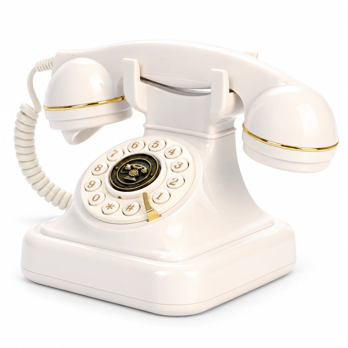 White wedding voicemail telephone with an ivory circular keypad and gold handset trim